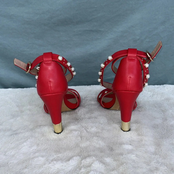 EUC Karl Lagerfeld Cedra Embellished Stilletto Red, Leather Pearl Gold Heels 5.5 - Picture 5 of 7